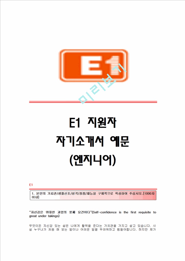 [E1자기소개서] E1(엔지니어)자기소개서, E1합격자소서, E1공채입사지원서 E1채용자기소개서, 족보 E1자소서, 항목   (1 )